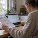 Sähkösopimuksen vertailua kannettavalla tietokoneella ja sähkölaskun avulla keittiön pöydän ääressä.