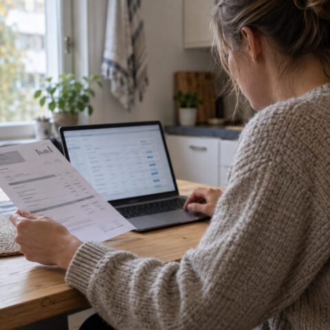 Sähkösopimuksen vertailua kannettavalla tietokoneella ja sähkölaskun avulla keittiön pöydän ääressä.